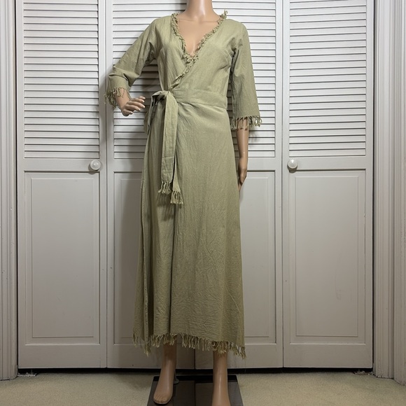 Chintamani Wrap Boho Cotton Dress with Fringe Sage Green Small - Picture 5 of 16